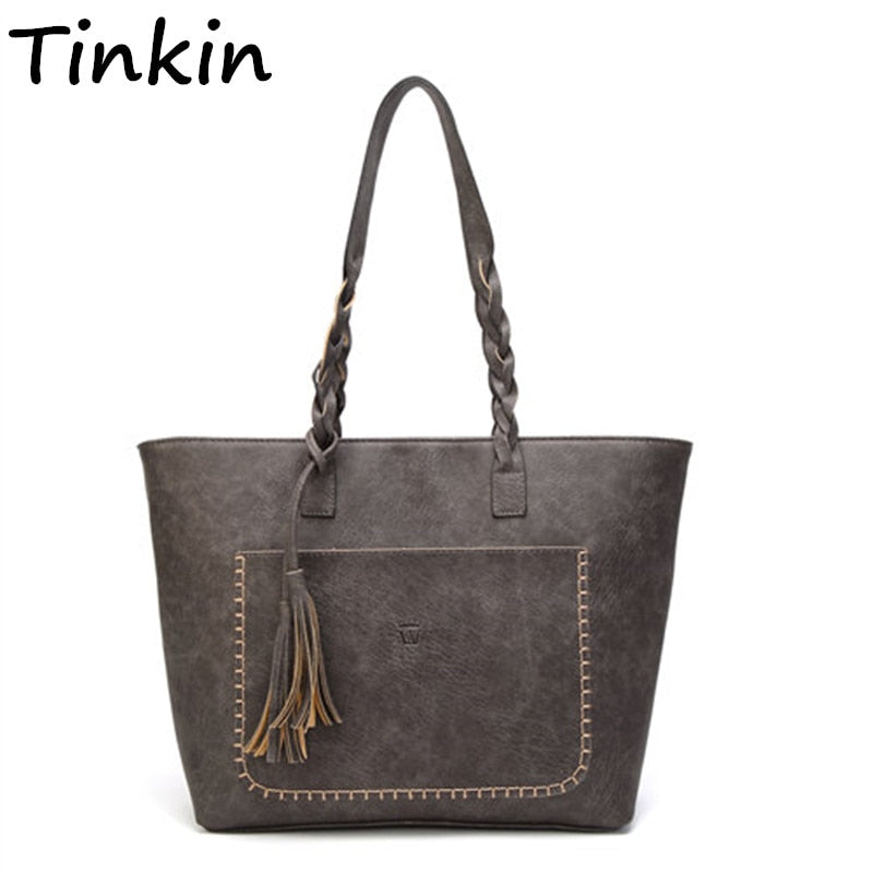 Tinkin  Vintage PU Tassel Women Shoulder Bag